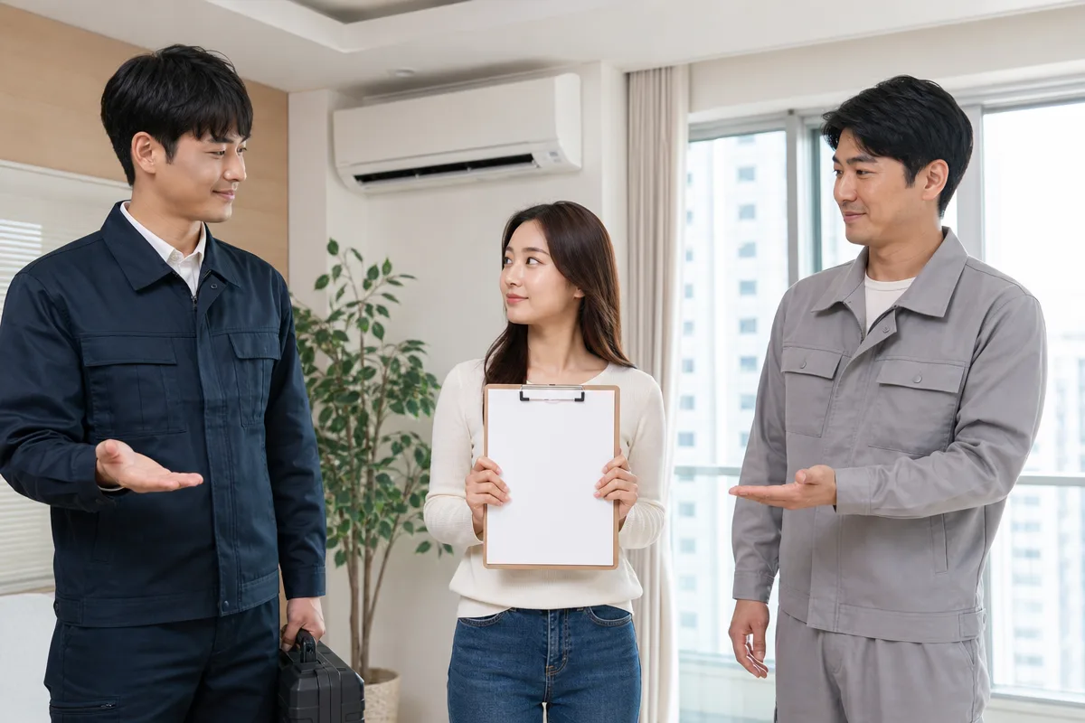 두 에어컨 설치기사의 서비스 조건을 비교하는 모습 삼성에어컨이전설치비용