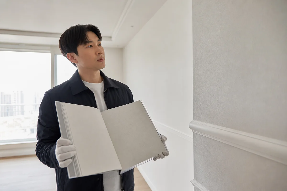 빈 아파트에서 벽지 견본과 몰딩 마감을 확인하는 인천도배 상담 모습