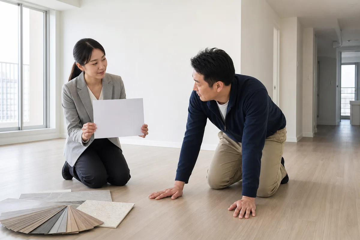 빈 아파트에서 도배장판비용 산정을 위해 바닥과 시공 면적을 확인하는 모습