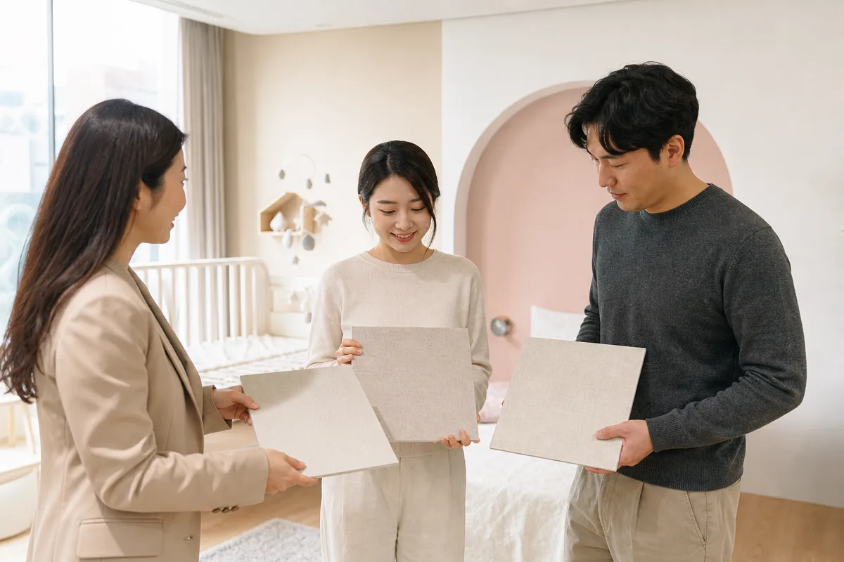 인천도배 상담에서 거실과 아이방에 맞는 벽지 샘플을 비교하는 모습