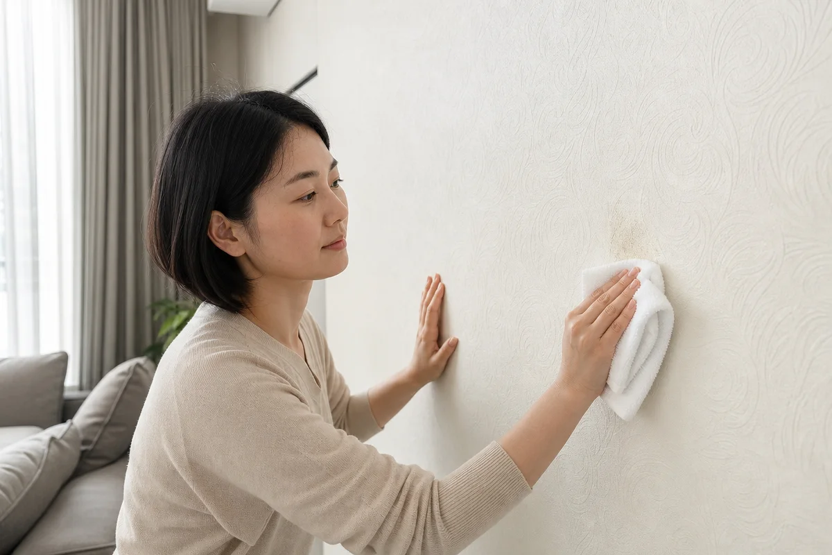 밝은 거실에서 디아망벽지 엠보 표면을 극세사 천으로 닦는 여성