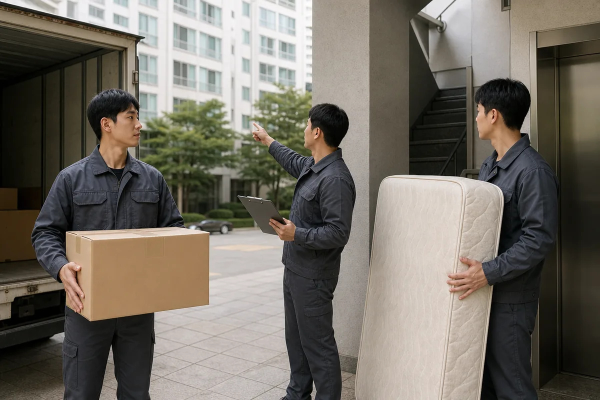 아파트 엘리베이터와 계단 앞에서 짐과 침대를 옮기는 이사비용 작업 현장