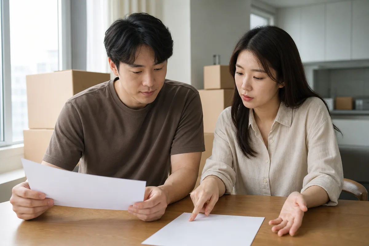 반포장이사 견적서를 비교하며 이사 준비를 하는 부부와 포장 상자