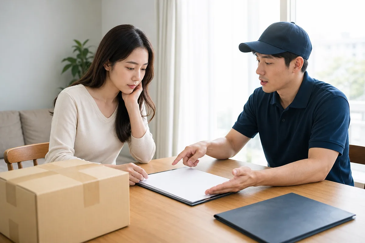 포장이사비용 상담 중 계약서와 보험 서류를 확인하는 이사 고객과 직원