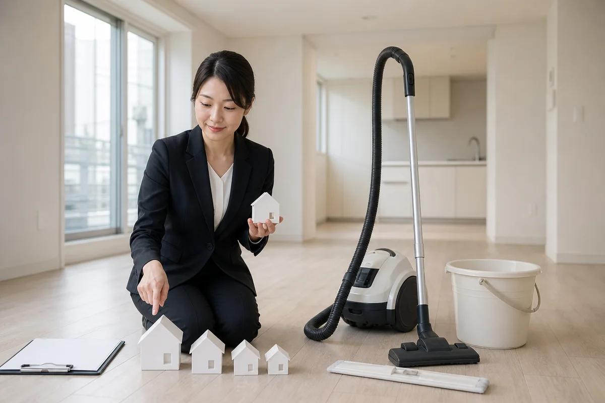 빈 아파트에서 주택 모형 크기를 비교하는 부산입주청소 상담 장면