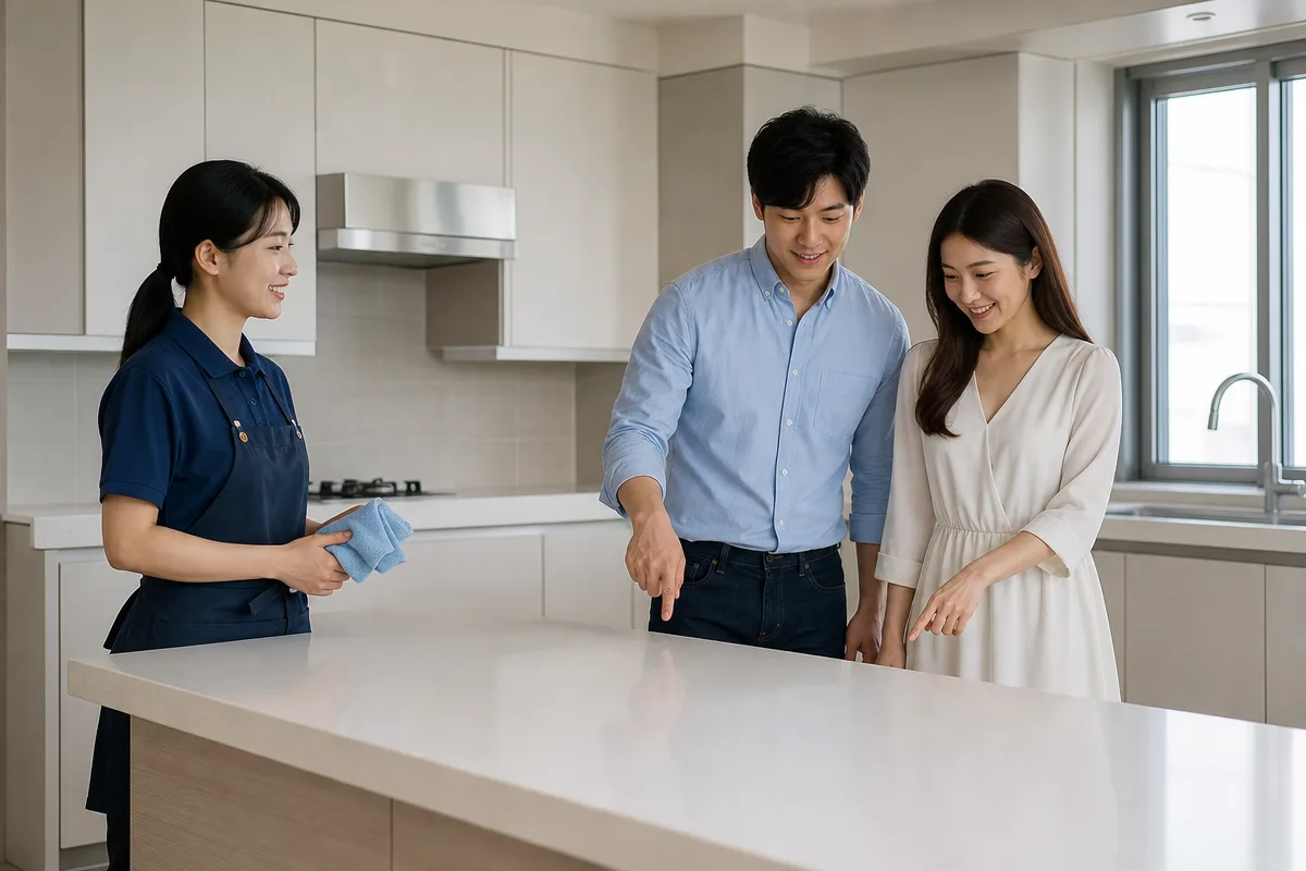 입주청소전문 서비스를 앞두고 새 아파트 주방 청결을 함께 점검하는 모습