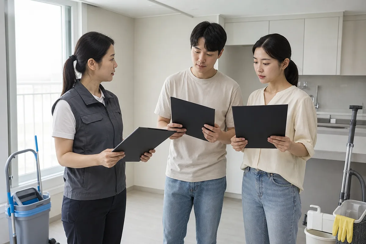 빈 아파트에서 입주청소 견적서를 비교하는 상담 장면