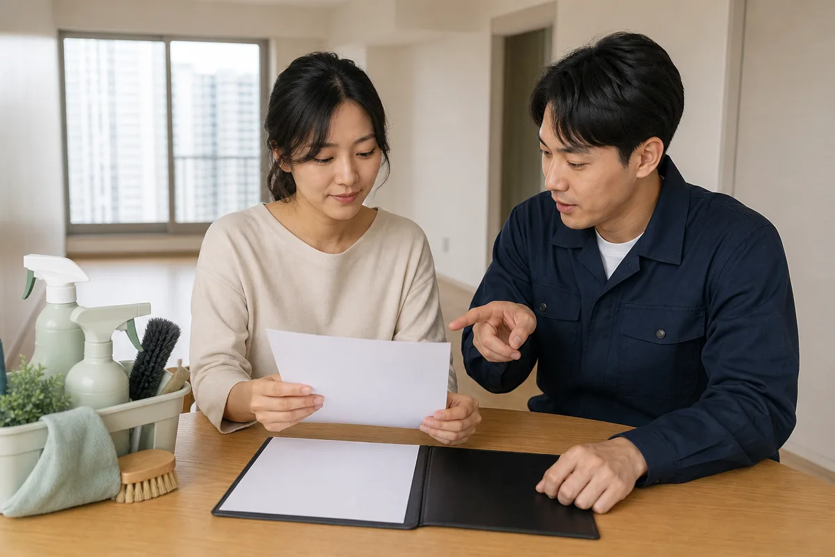 빈 계약서와 장비를 확인하는 입주청소전문 업체 상담 장면