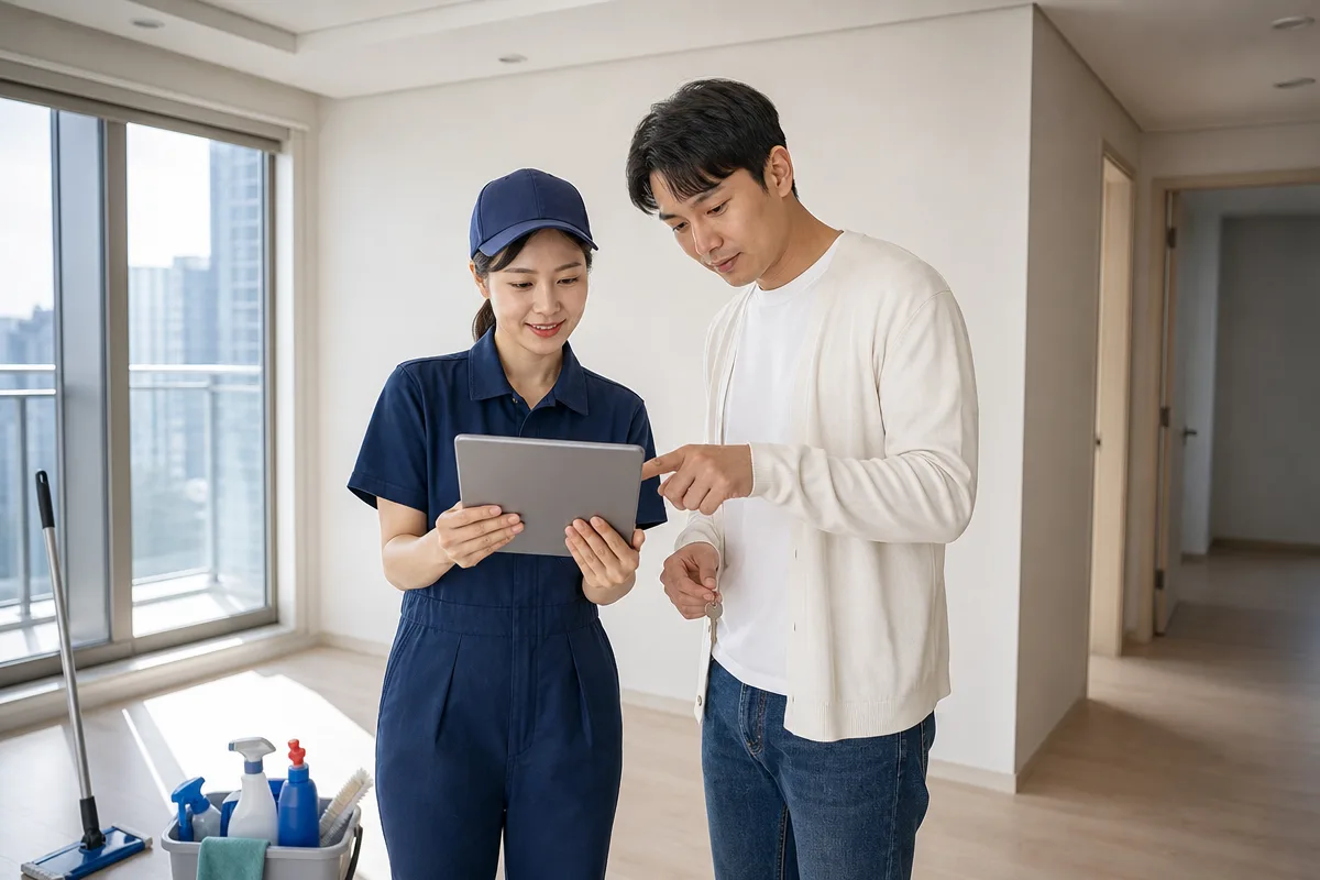빈 아파트에서 태블릿으로 김해입주청소 견적을 비교하는 상담 장면