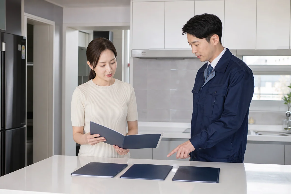 새 아파트 주방에서 방문 상담사가 견적 폴더를 비교 안내하는 포항입주청소 장면