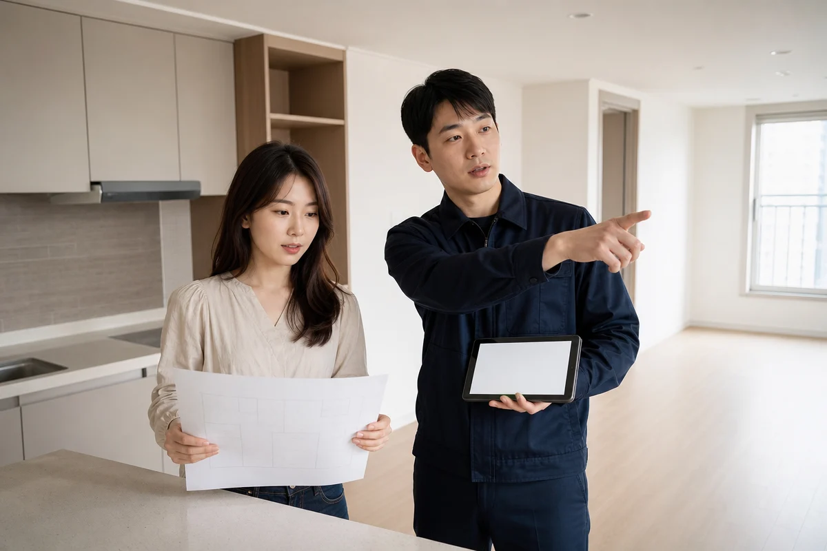 빈 신축 아파트에서 세종입주청소 일정과 준비 정보를 확인하는 모습