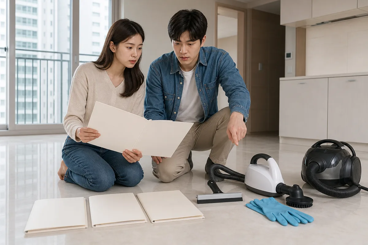 빈 아파트에서 아파트입주청소 업체 견적과 전문 장비를 비교하는 부부