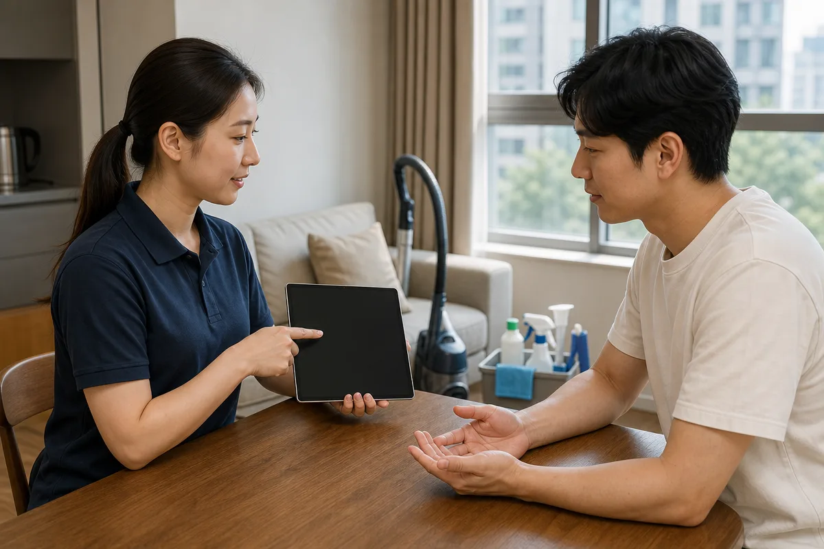 집청소업체 상담 중 빈 태블릿으로 청소 견적을 확인하는 거주자와 상담사