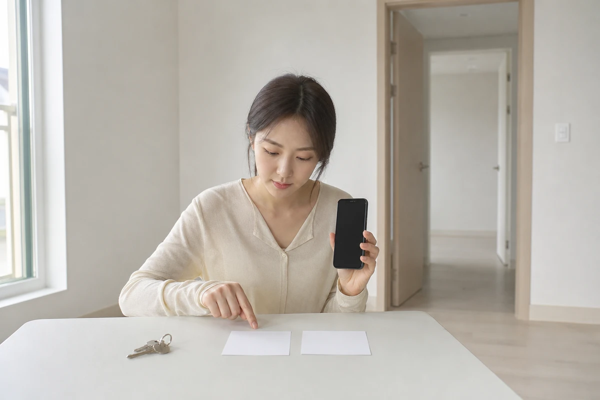빈 신축 아파트에서 여성이 견적 카드와 휴대폰으로 입주청소전문 예약 조건을 확인한다