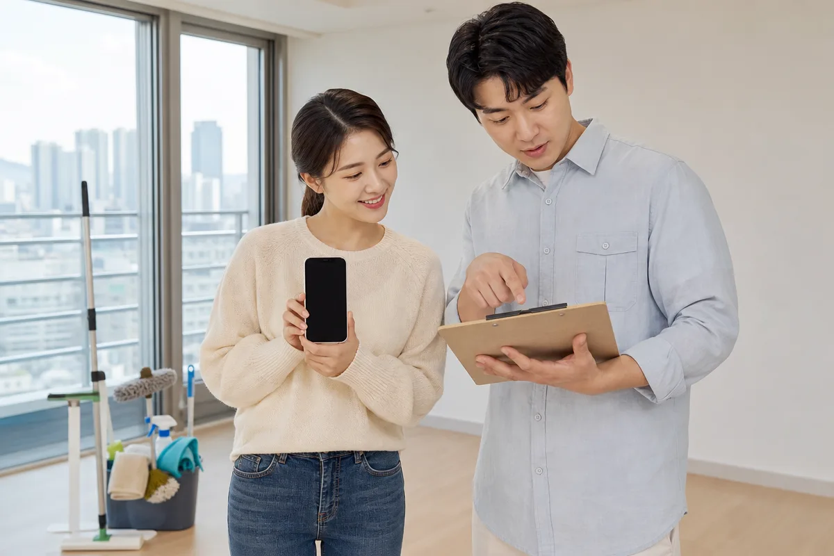 빈 아파트에서 아파트입주청소 견적과 준비 사항을 확인하는 부부