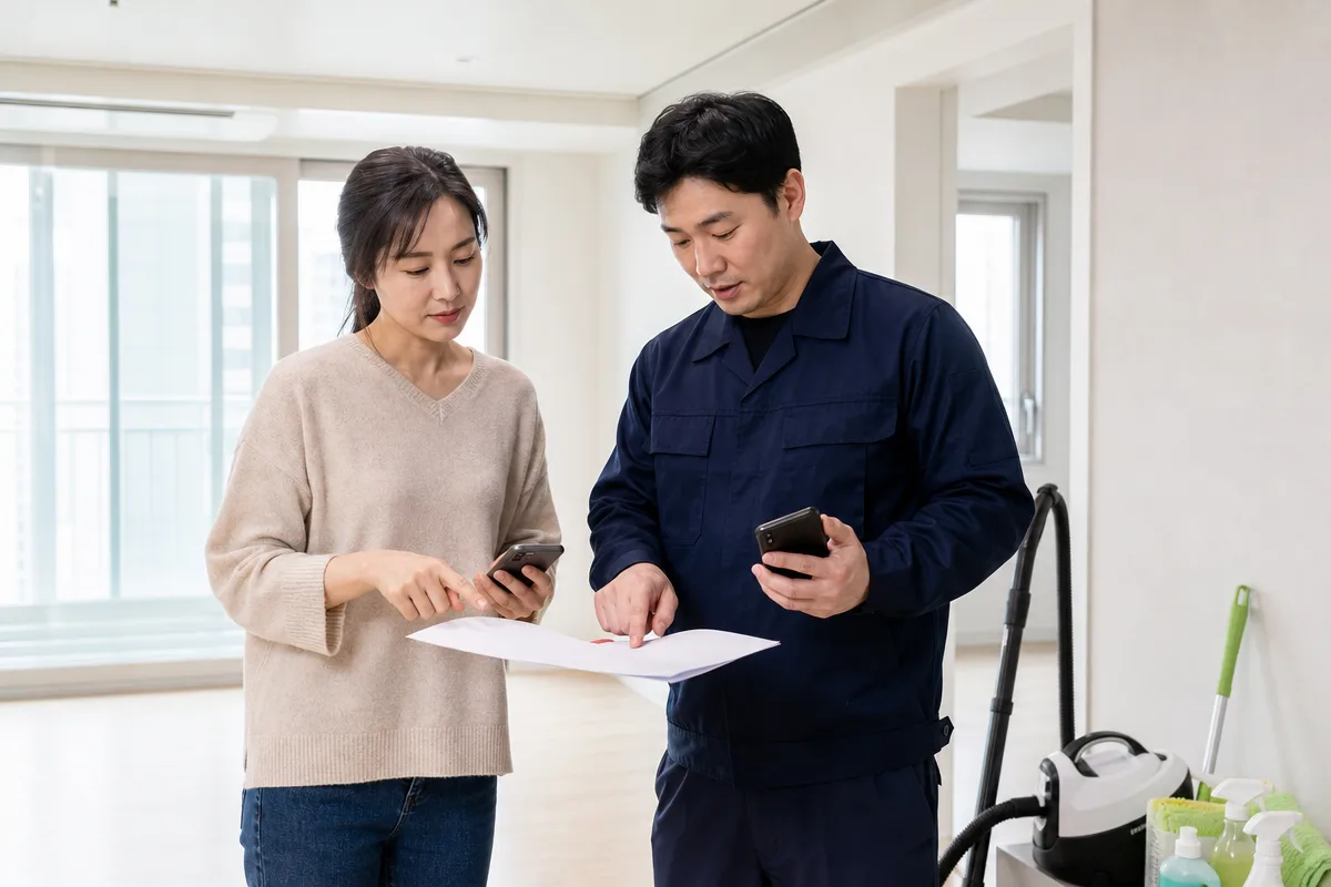 빈 아파트에서 부천입주청소 업체의 서류와 청소 장비를 확인하는 모습