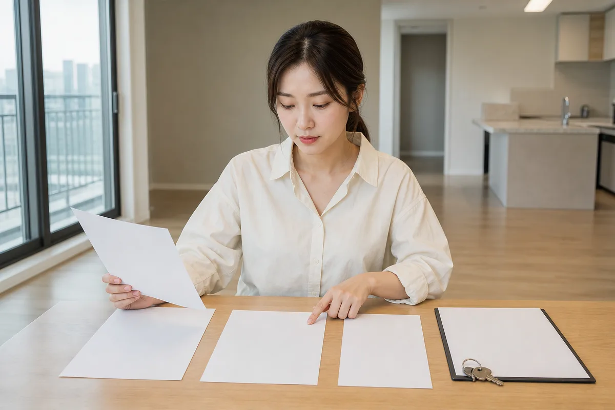 빈 아파트에서 계약서와 견적서를 비교하는 모습으로 입주청소가격 확인 과정을 표현