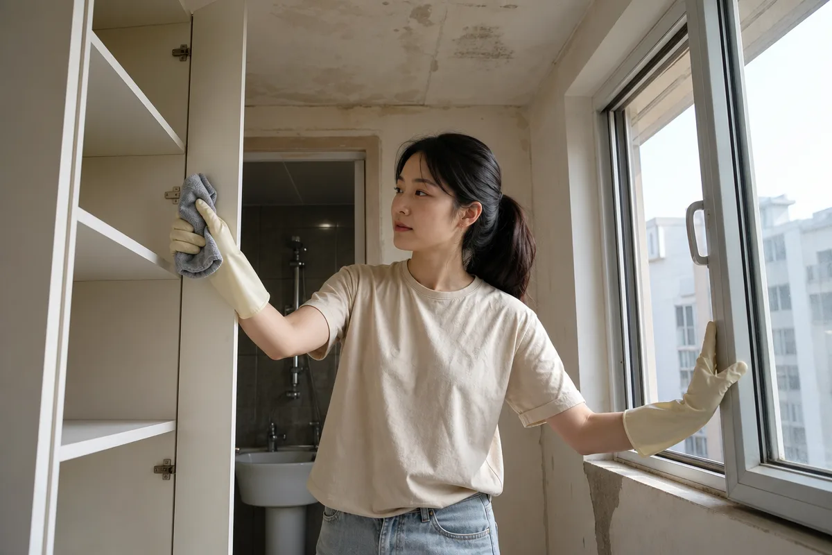 셀프입주청소를 위해 수납장 분진과 욕실 잔여물을 확인하며 창문을 여는 모습