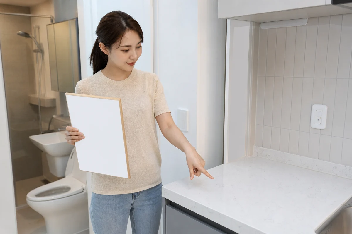 밝은 신축 주방에서 체크보드를 든 여성이 세종입주청소 완료 상태를 점검한다