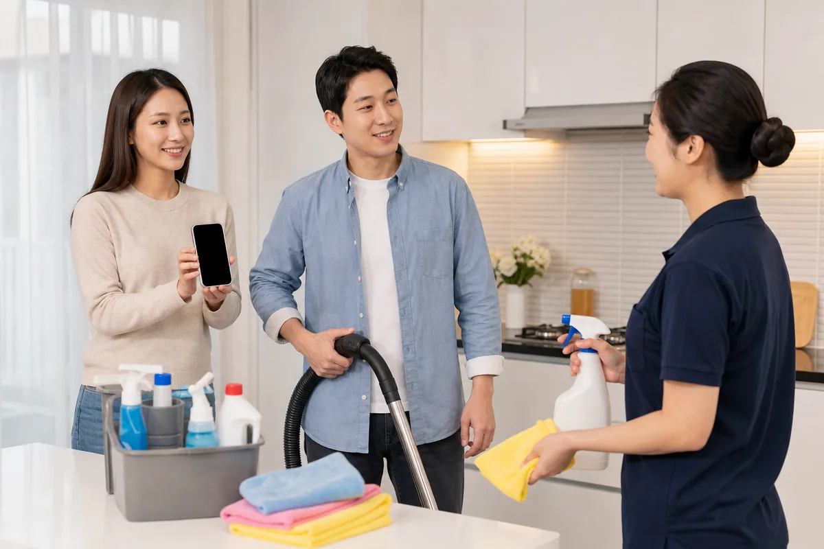 집청소업체 이용 전 부부와 청소 도우미가 도구를 점검하는 모습