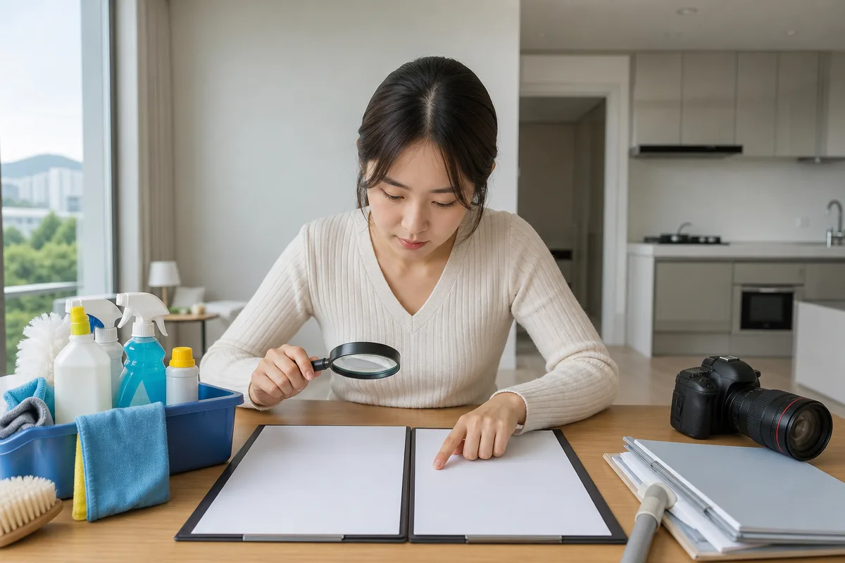 새 아파트에서 김해입주청소 견적서 두 장을 항목별로 비교하는 모습