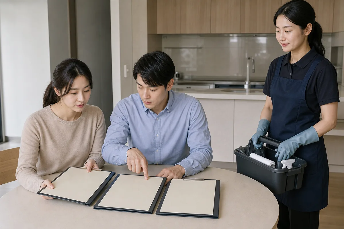 빈 아파트에서 입주청소 견적서와 장비를 비교하는 부부와 청소 전문가