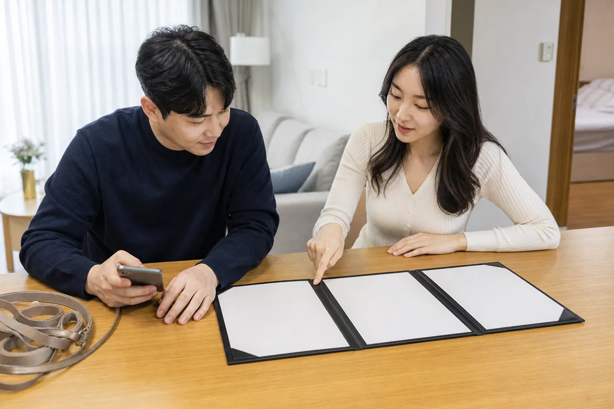신혼부부가 반려동물 용품 옆에서 집청소업체 견적서 세 장을 비교하는 모습