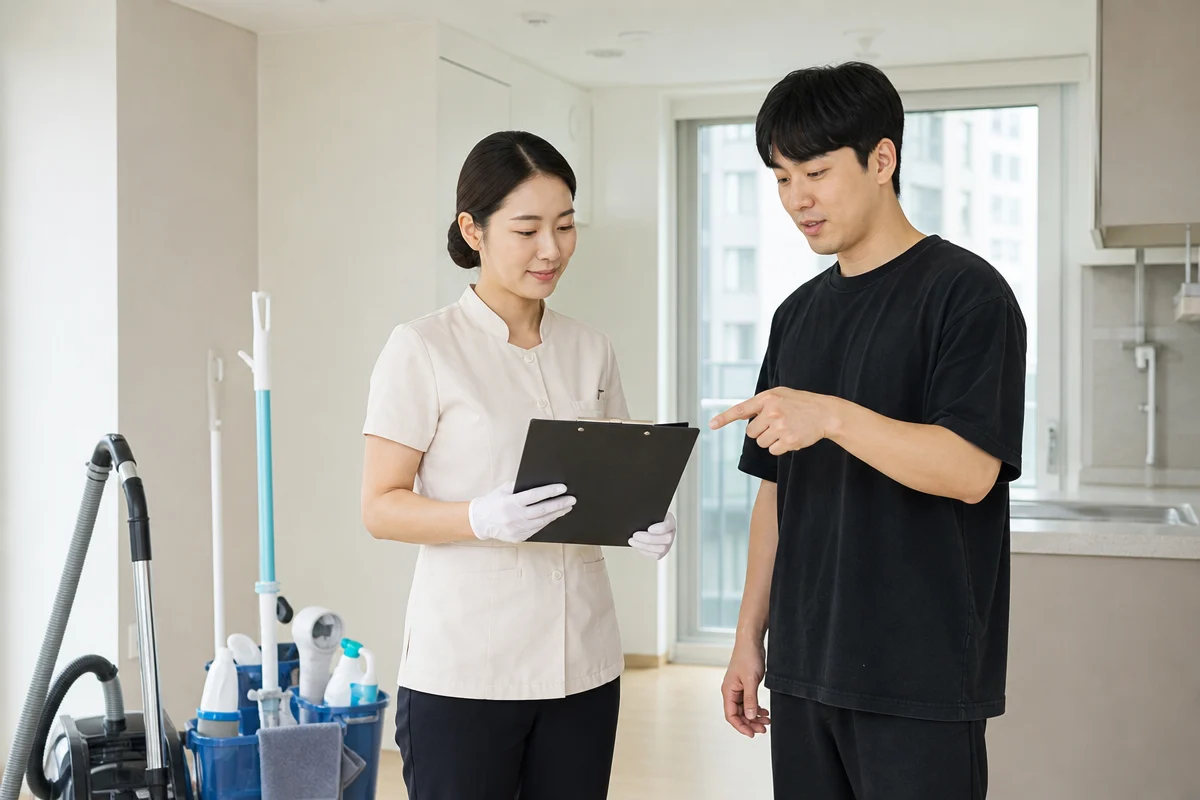남양주입주청소 견적을 위해 빈 주방에서 청소 범위와 장비를 확인하는 모습