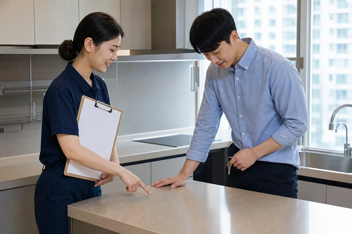 남양주입주청소 완료 후 고객과 청소 담당자가 주방 상태를 함께 검수하는 모습