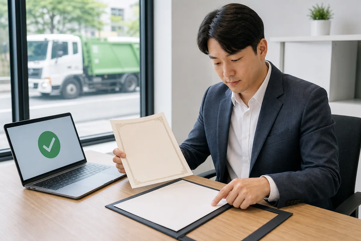 사무실에서 허가 서류와 계약서를 확인하는 폐기물처리업체 이용자