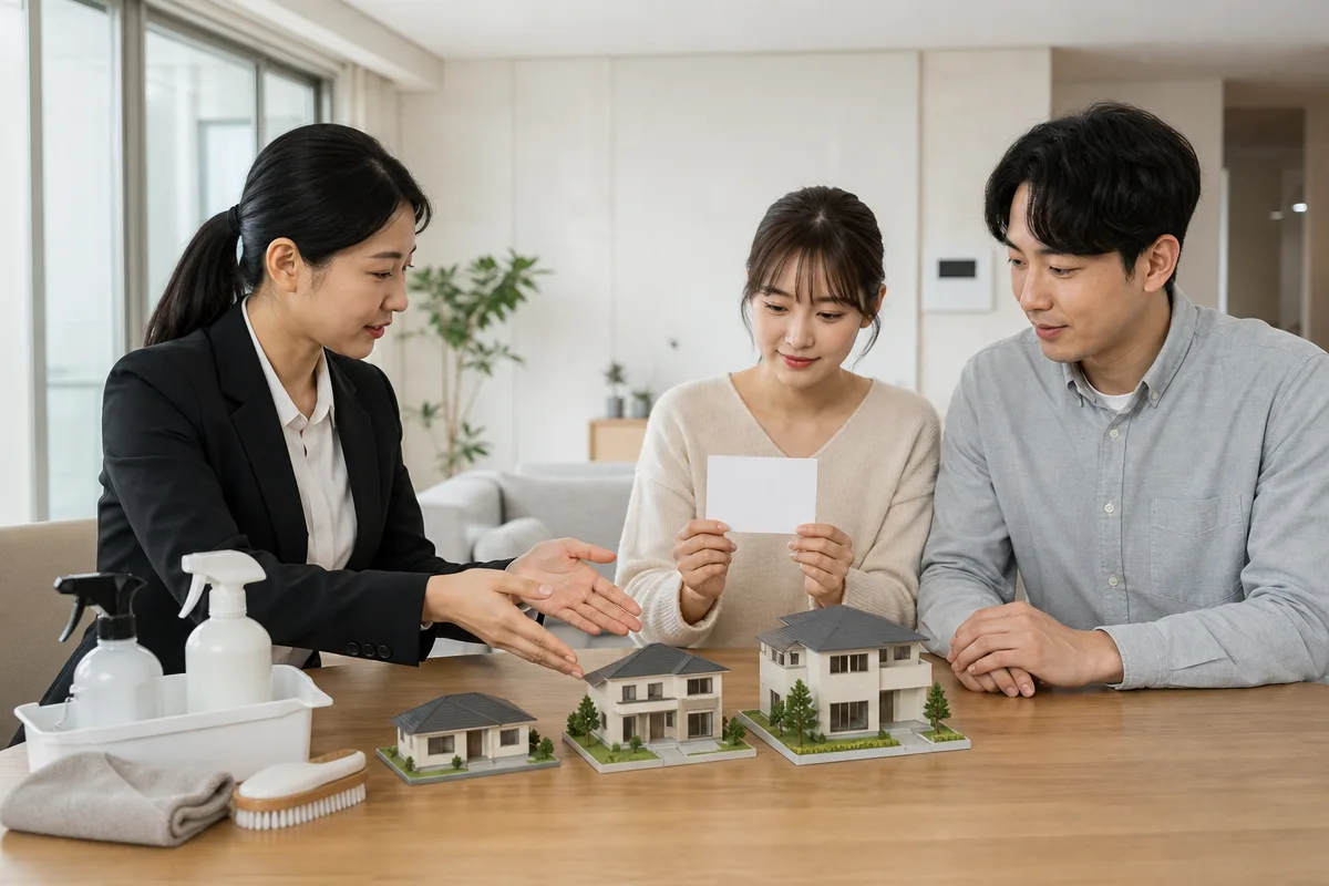 거주청소 비용 상담을 위해 크기별 주택 모형과 청소 도구를 비교하는 모습