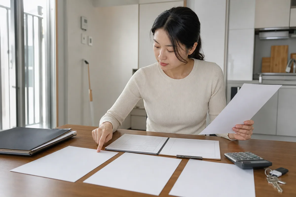 새 아파트에서 견적서와 계약 서류를 비교하는 입주청소비용 확인 장면