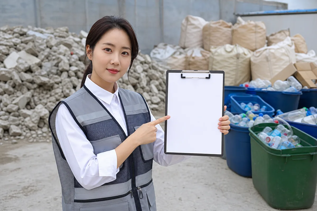 재활용 시설에서 견적서를 확인하는 폐기물처리 담당자와 콘크리트 폐기물