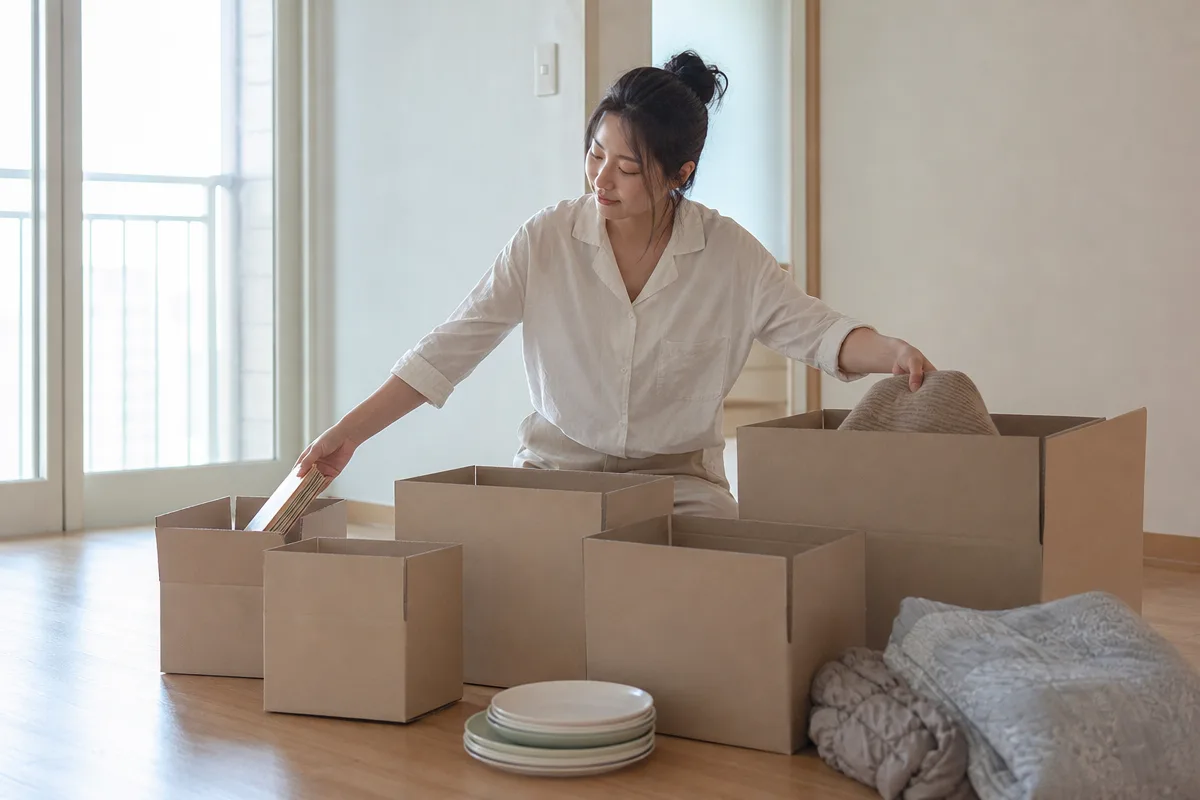 크기별 이사박스에 책과 접시, 옷과 이불을 나눠 담는 모습