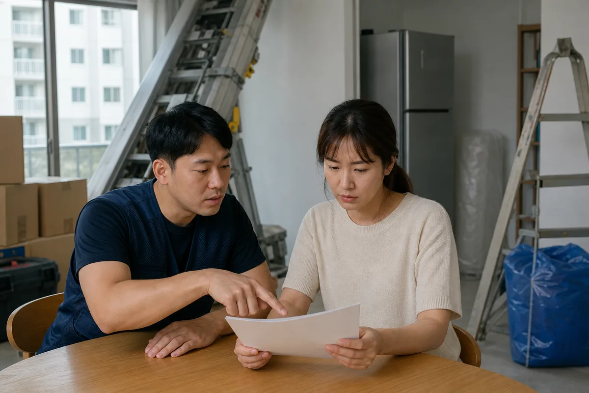 아파트에서 이사업체 계약서를 살피며 사다리차와 가전 설치 추가 항목을 확인하는 모습