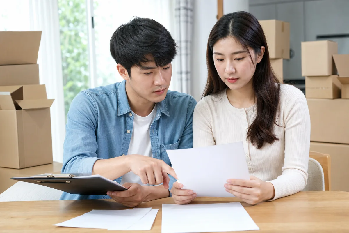 계약서와 보험 서류를 확인하며 이사업체 선택 기준을 검토하는 부부