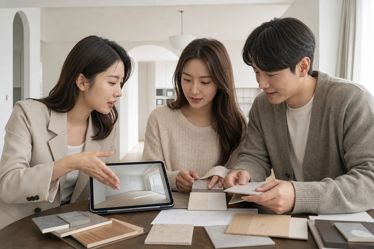 인테리어 업체 선정을 위해 3D 시안과 자재 견적 자료를 검토하는 모습