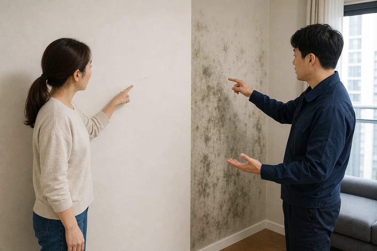 부분도배 전 작은 긁힘과 넓게 번진 곰팡이 얼룩을 비교 점검하는 모습