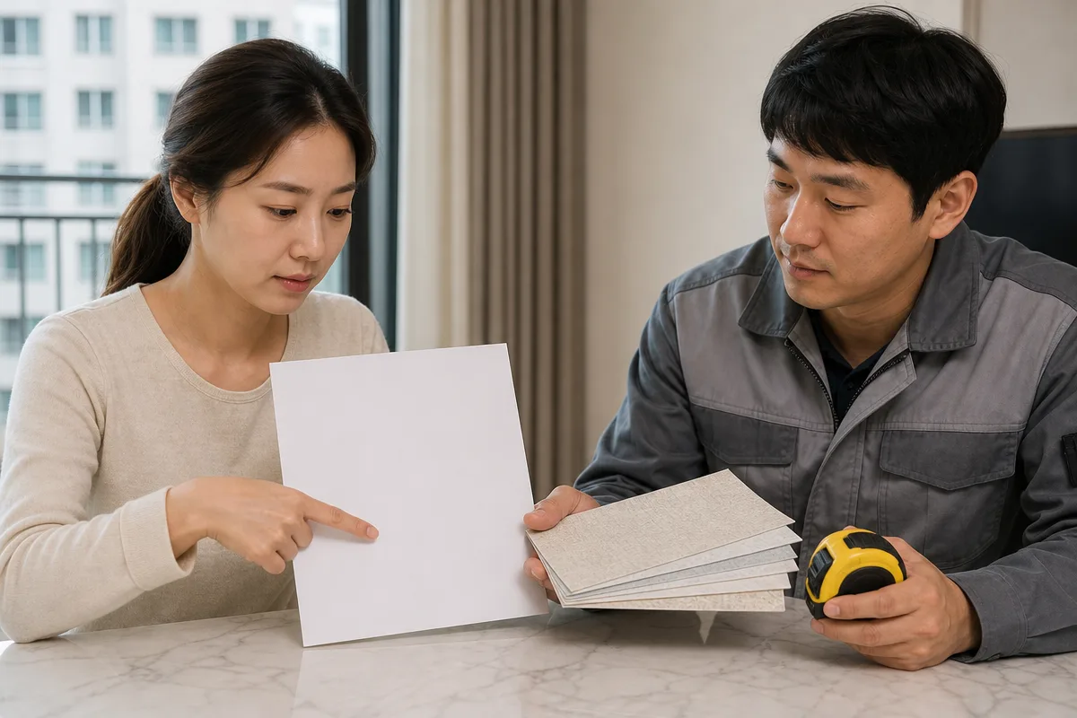 부분도배 견적서와 벽지 견본을 살피며 비용 항목을 확인하는 두 사람