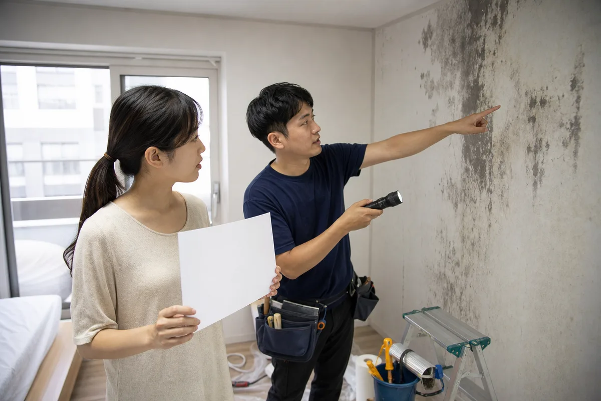 원룸도배비용 견적 전 곰팡이 벽면을 점검하는 세입자와 도배 작업자