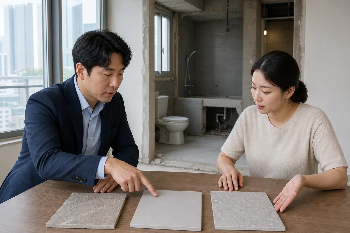 미완성 욕실 옆에서 세 공법 견본을 비교하는 화장실리모델링비용 상담 장면