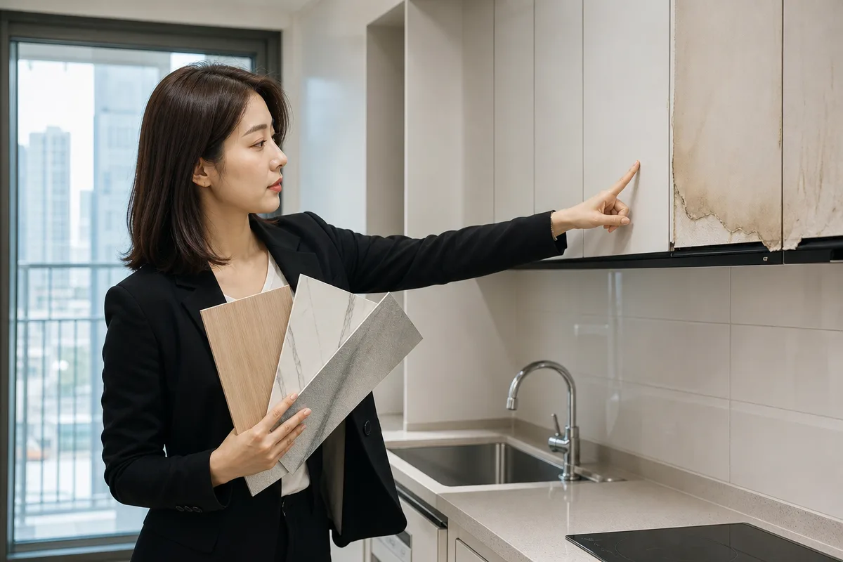 주방에서 필름시공 샘플을 비교하며 손상된 습기 노출 패널을 확인하는 모습