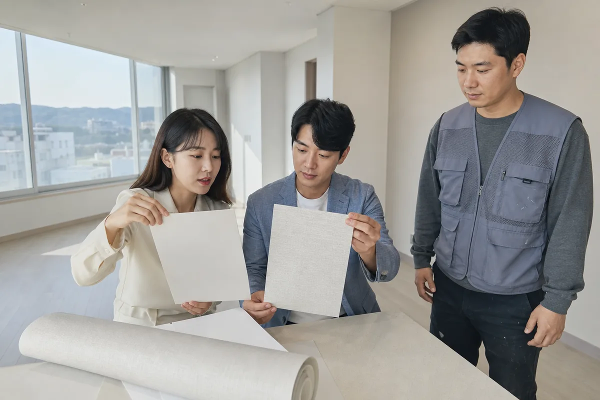 빈 아파트에서 합지와 실크 벽지 견본을 비교하는 34평도배비용 상담 장면