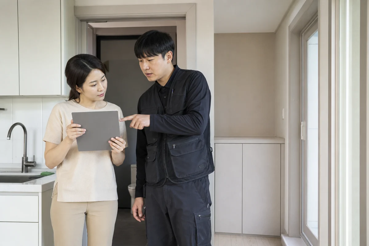 주방 수납장과 신발장에 인테리어필름시공 샘플을 대보는 모습