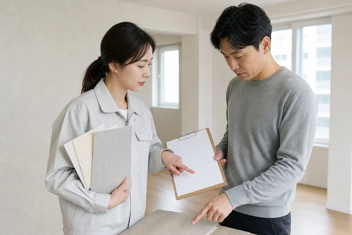 도배 장판 견적서를 확인하며 벽지와 바닥재 샘플을 비교하는 모습