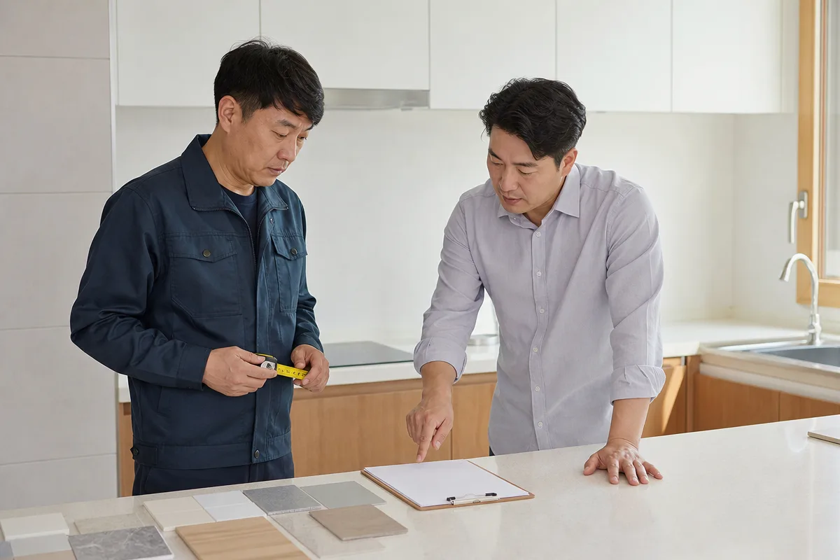주방 수납장 앞에서 자재 견본과 실측 도구를 확인하는 인테리어필름시공 견적 상담