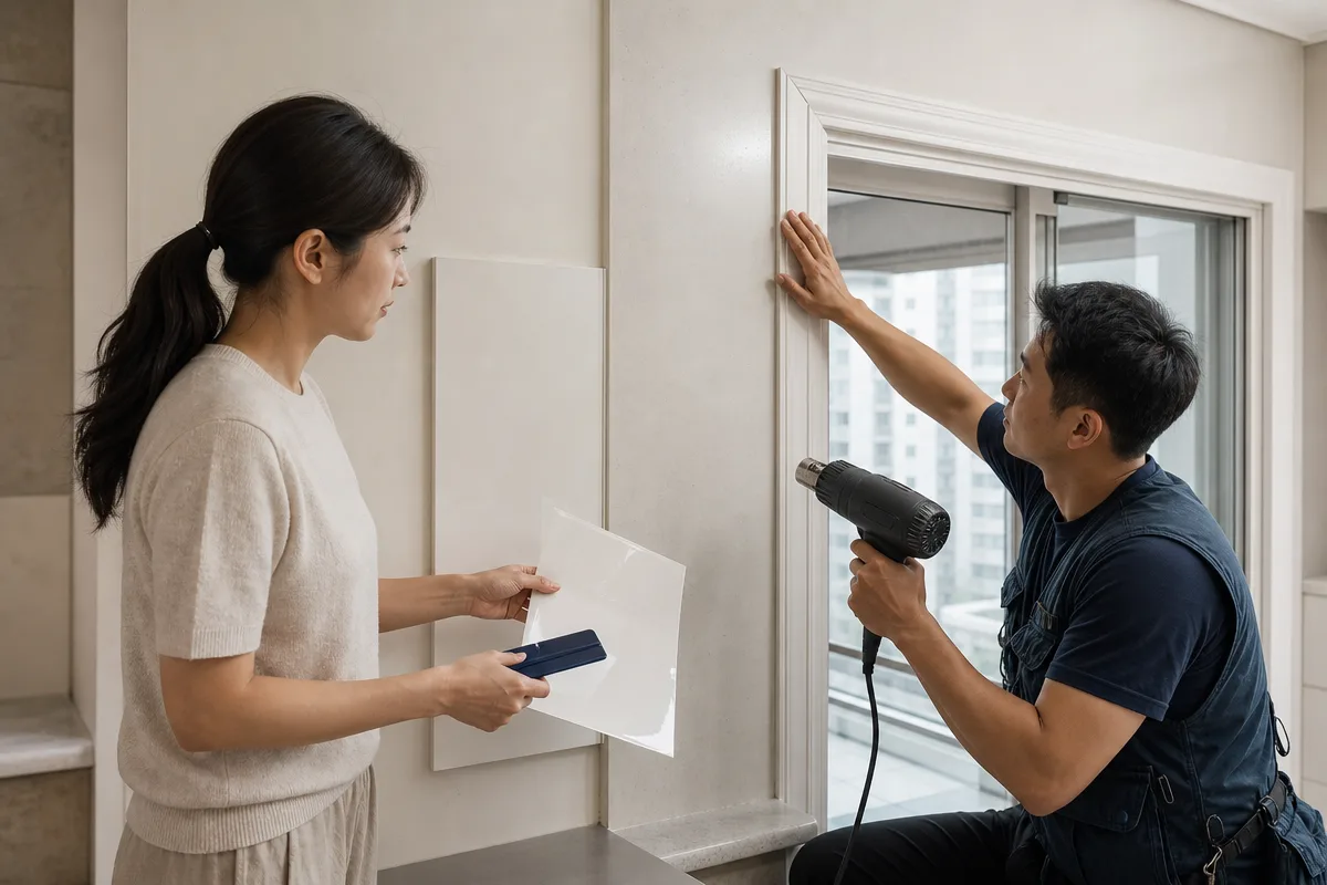 작은 평면장과 복잡한 창틀 몰딩을 비교하며 필름시공 도구를 든 두 사람