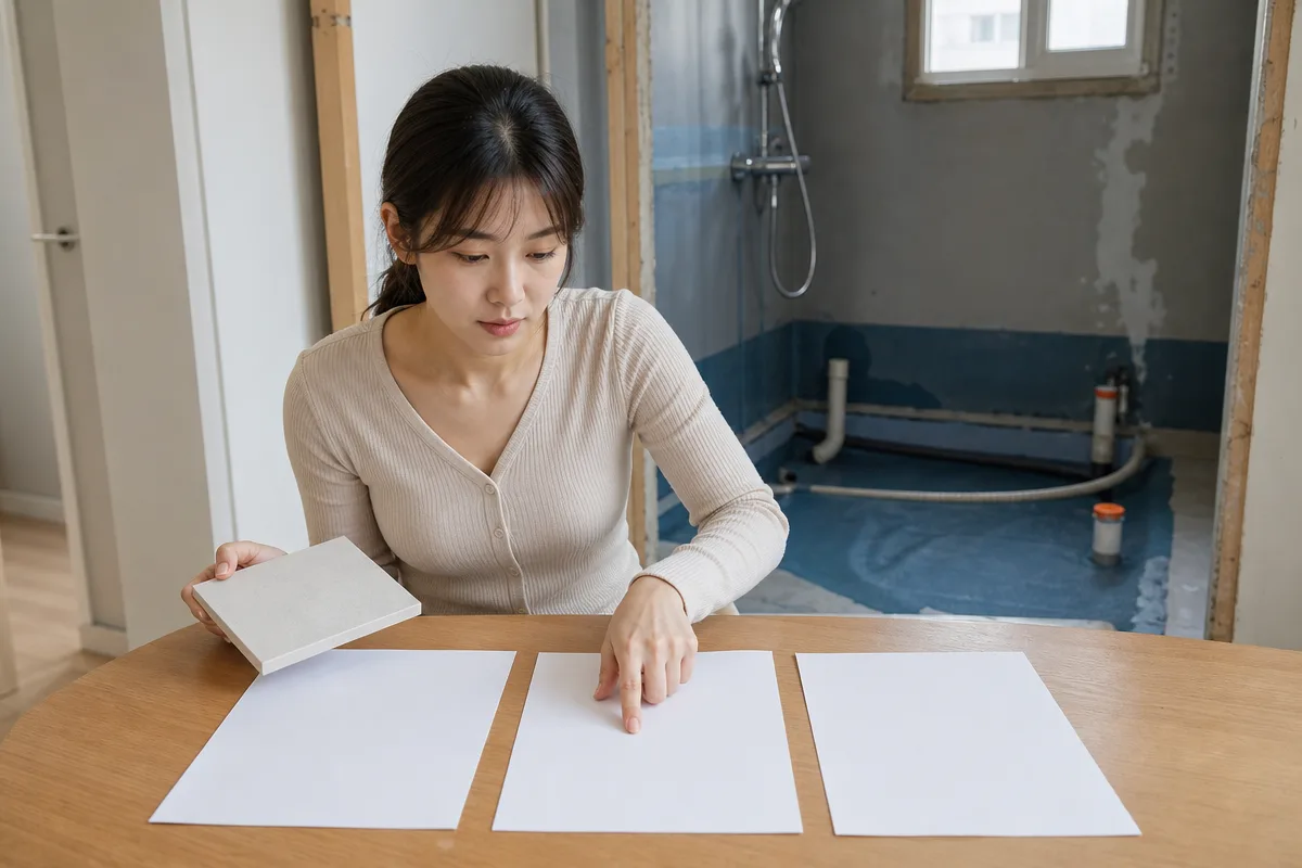 욕실 공사 전 견적서와 타일을 비교하며 화장실리모델링비용을 검토하는 모습