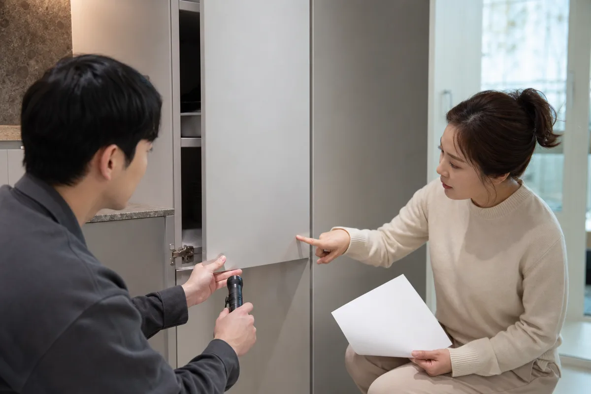 필름시공 후 주방 수납장 모서리와 경첩 주변 마감을 점검하는 모습