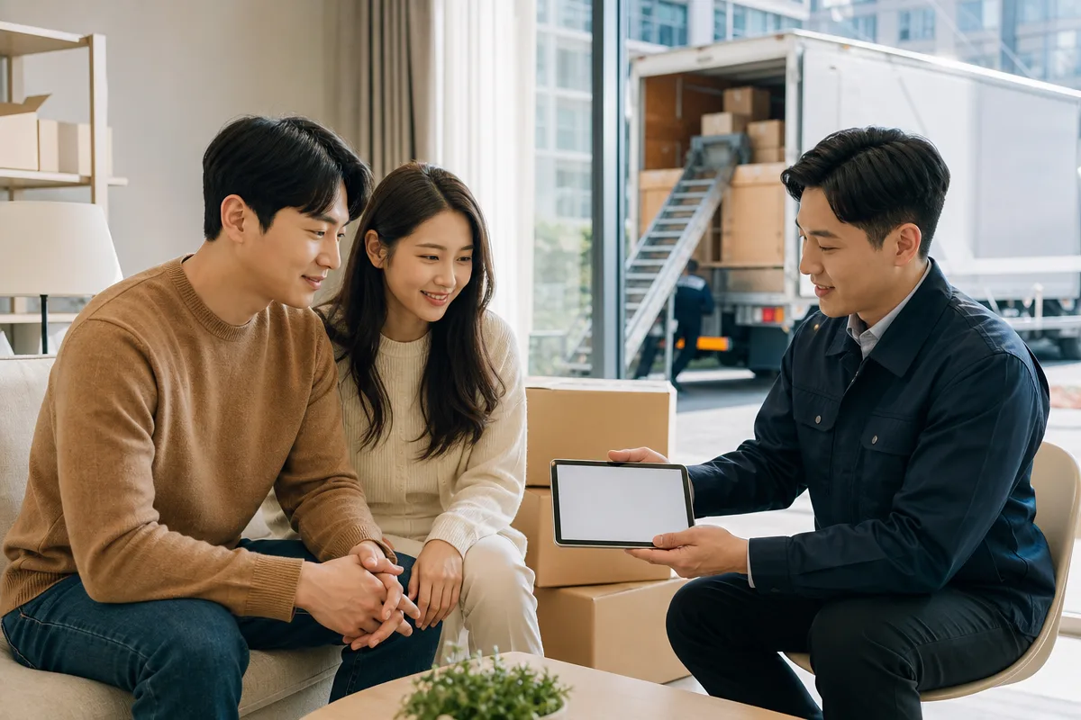 포장이사업체 견적 상담을 위해 짐 상자와 사다리차를 살피는 이사 준비 모습